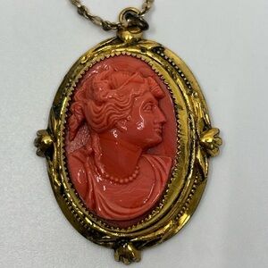 1/20 12k Gold Filled 18” Chain Necklace Coro Sterling Cameo Pendant Red Vintage